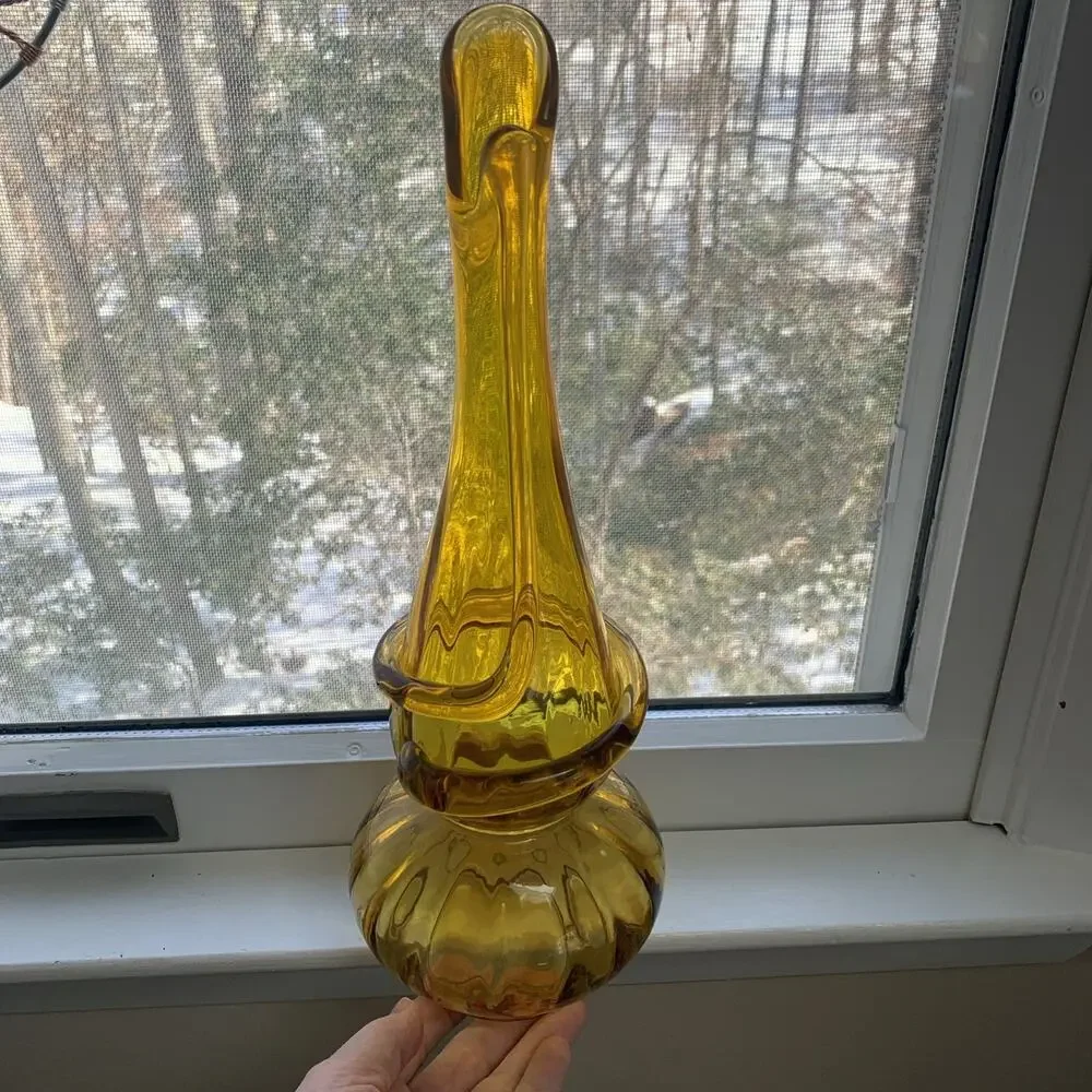 MCM Gold Kanawha Swung Glass Slag Vase Amber 13” Tall